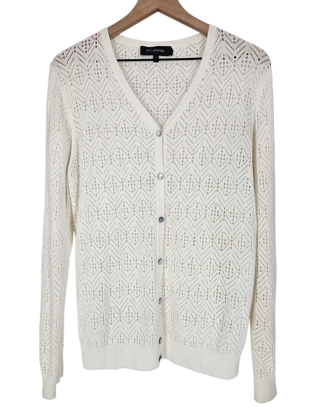 St. John White Pointelle Diamond Knit V Neck Button Front Cardigan